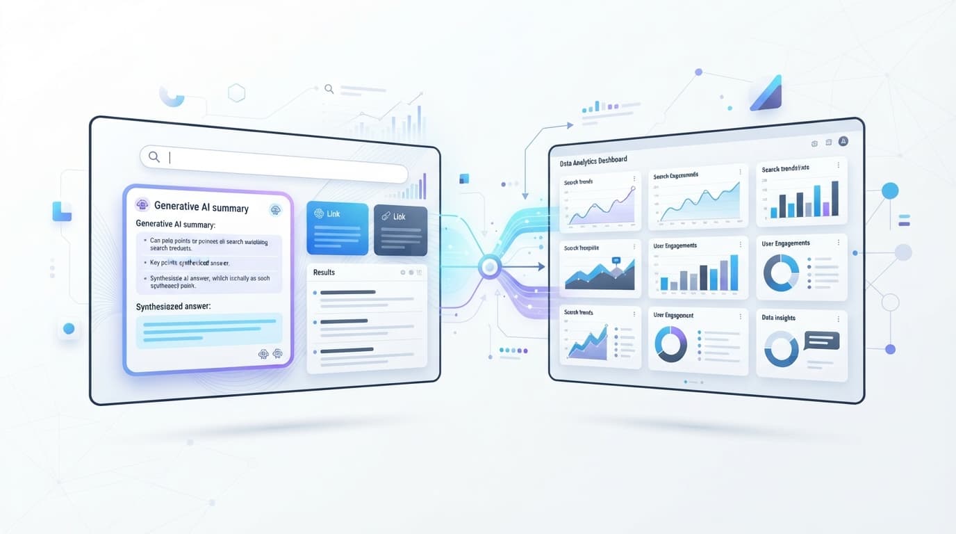 AI 검색 인터페이스의 진화와 검색 결과 요약 화면을 나타내는 그래픽