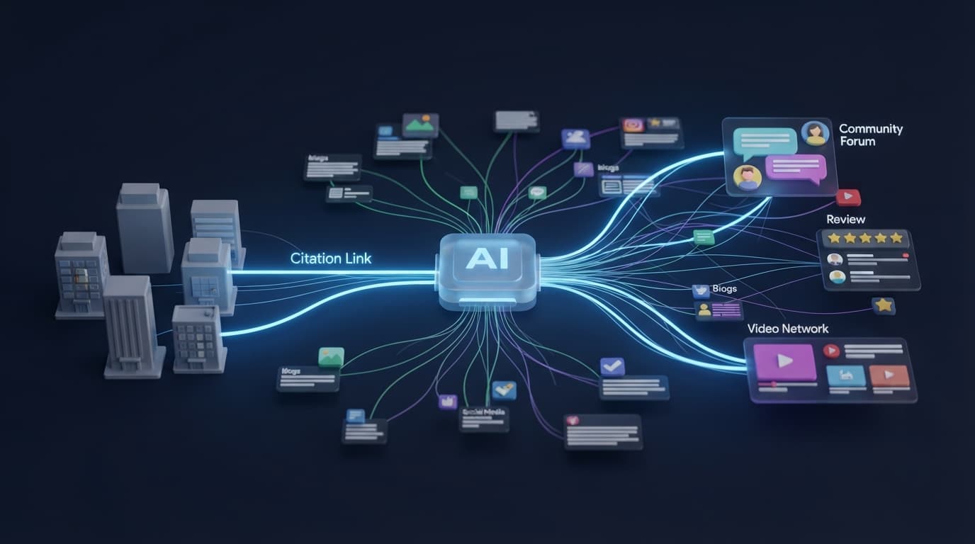 AI 검색 엔진의 기업 인용 구조와 서드파티 데이터 분석 개념도