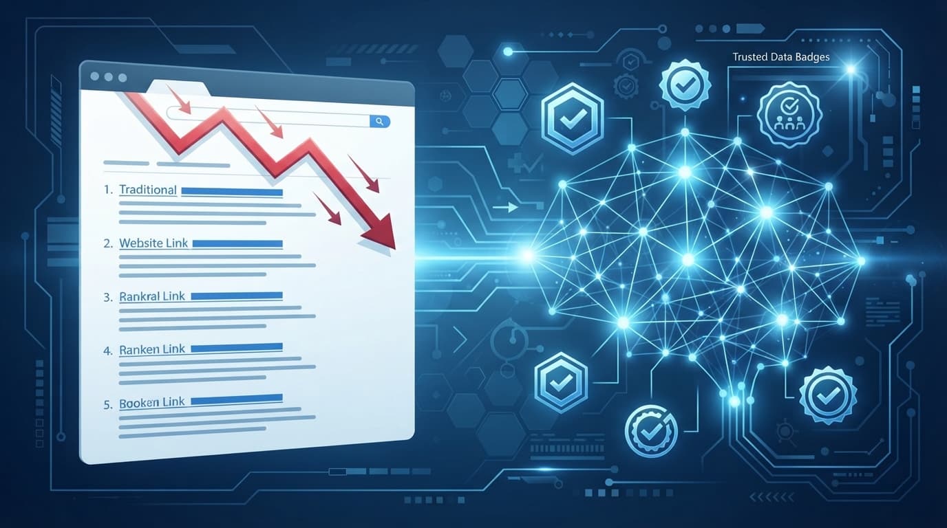 AI 검색 결과 화면과 하락하는 트래픽 지표를 나타낸 개념도