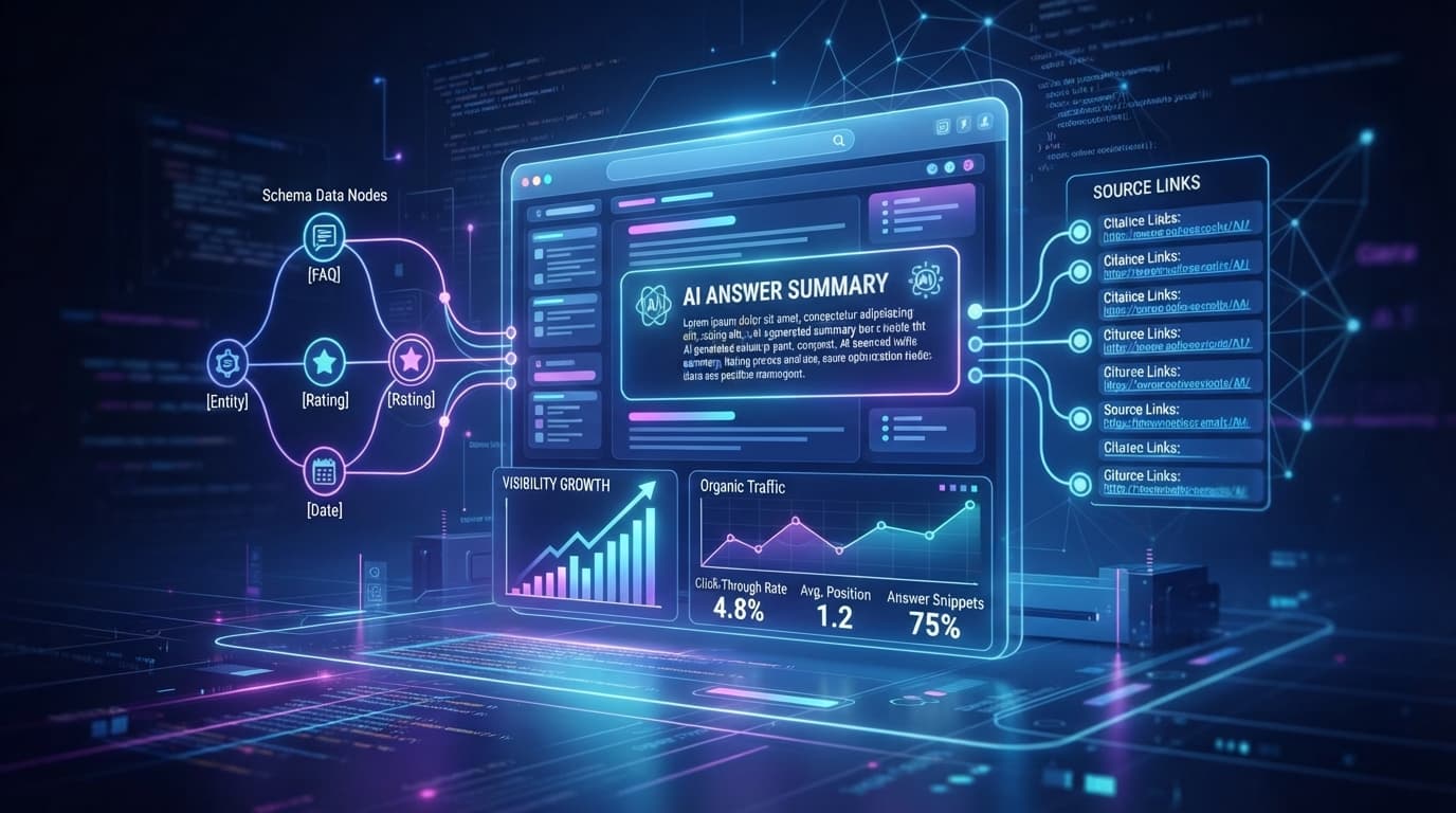 AI 검색 엔진 최적화와 답변 인용 메커니즘을 나타내는 인포그래픽 콘셉트