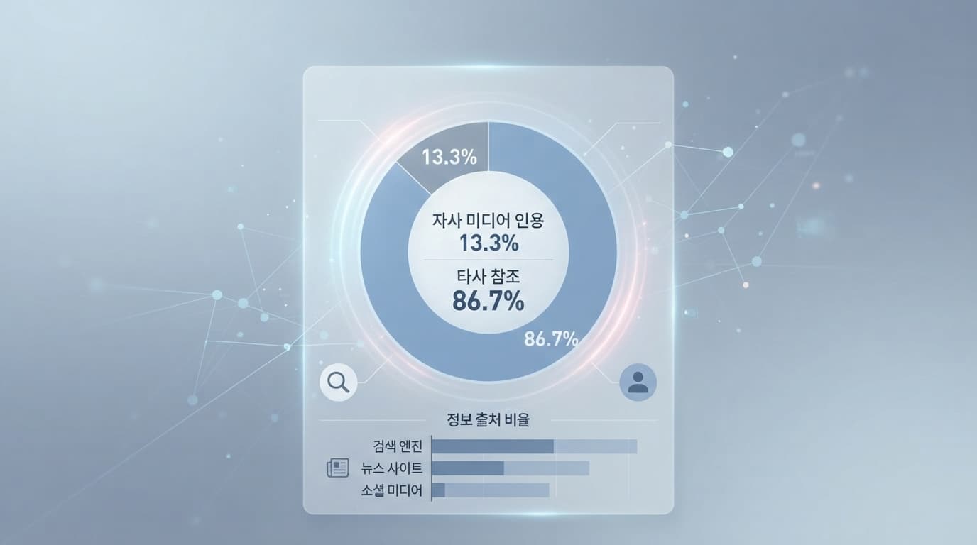 한국어 AI 검색 인용 연구와 자사 미디어 비중을 나타낸 데이터 인포그래픽 콘셉트