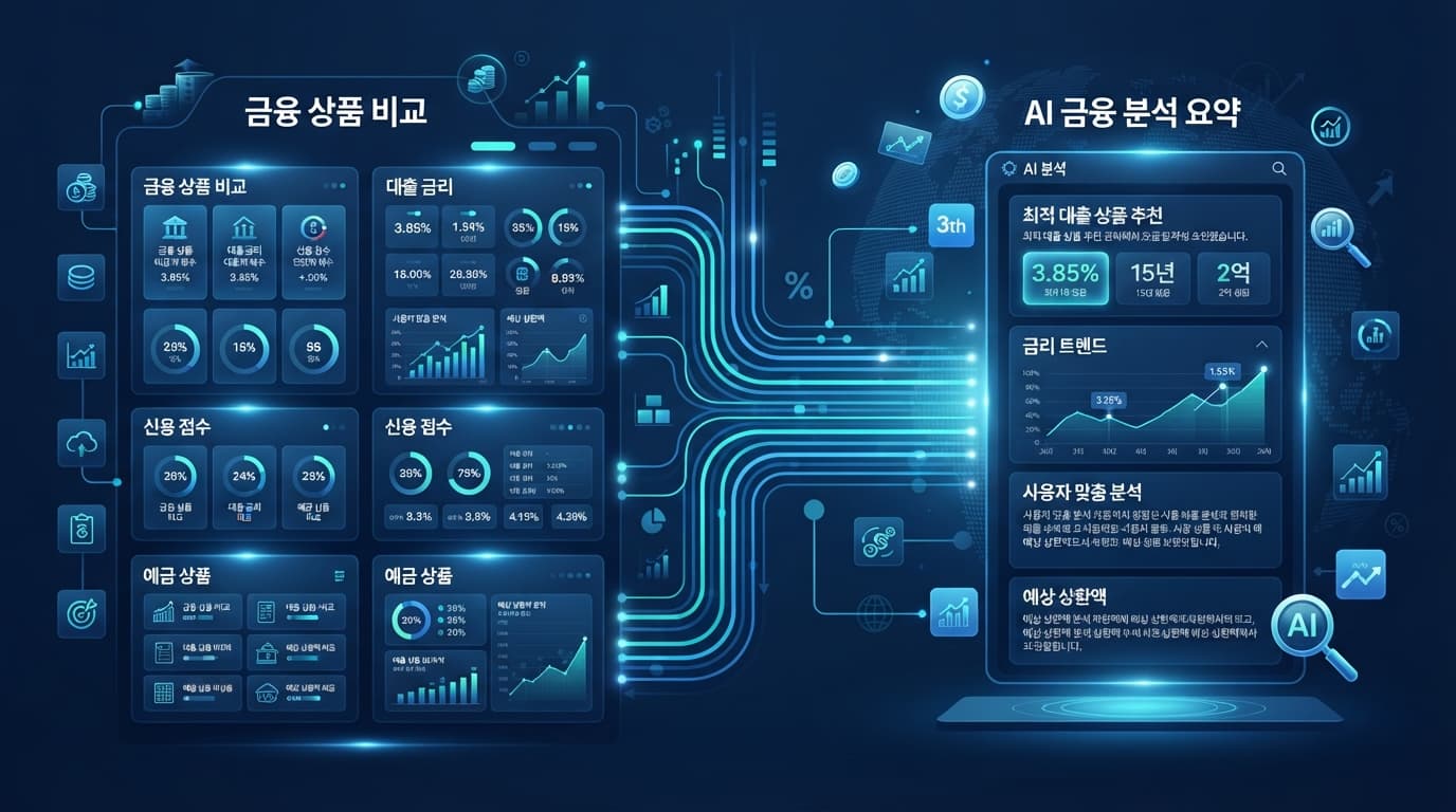 금융 웹사이트의 데이터 구조와 AI 검색 연동을 나타낸 그래픽