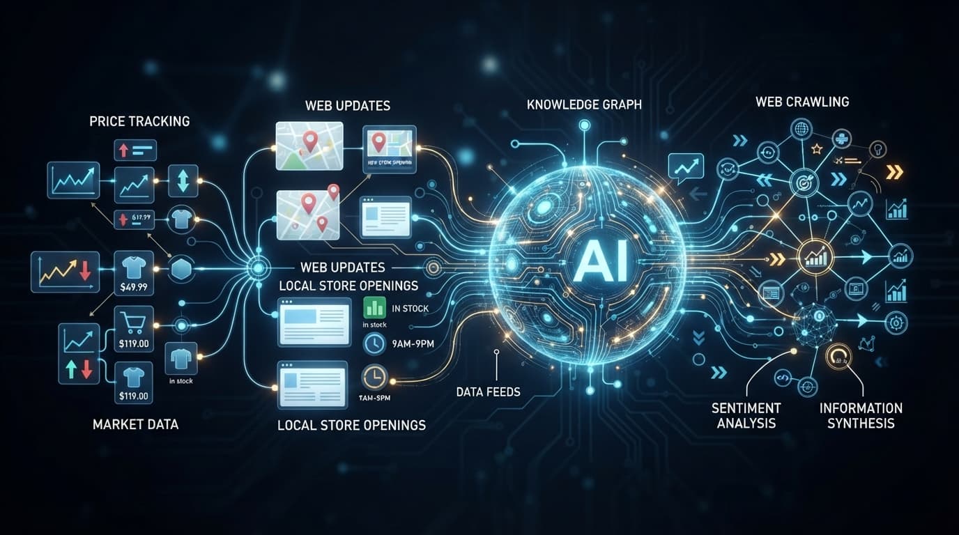 구글 검색 AI 모드의 실시간 가격 및 정보 모니터링 개념도