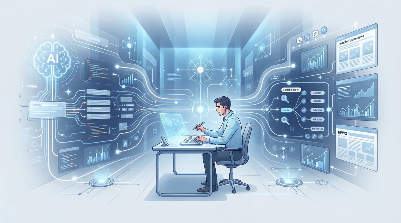 AI 도구와 인간 편집자가 결합해 양질의 검색 콘텐츠를 구성하는 그래픽