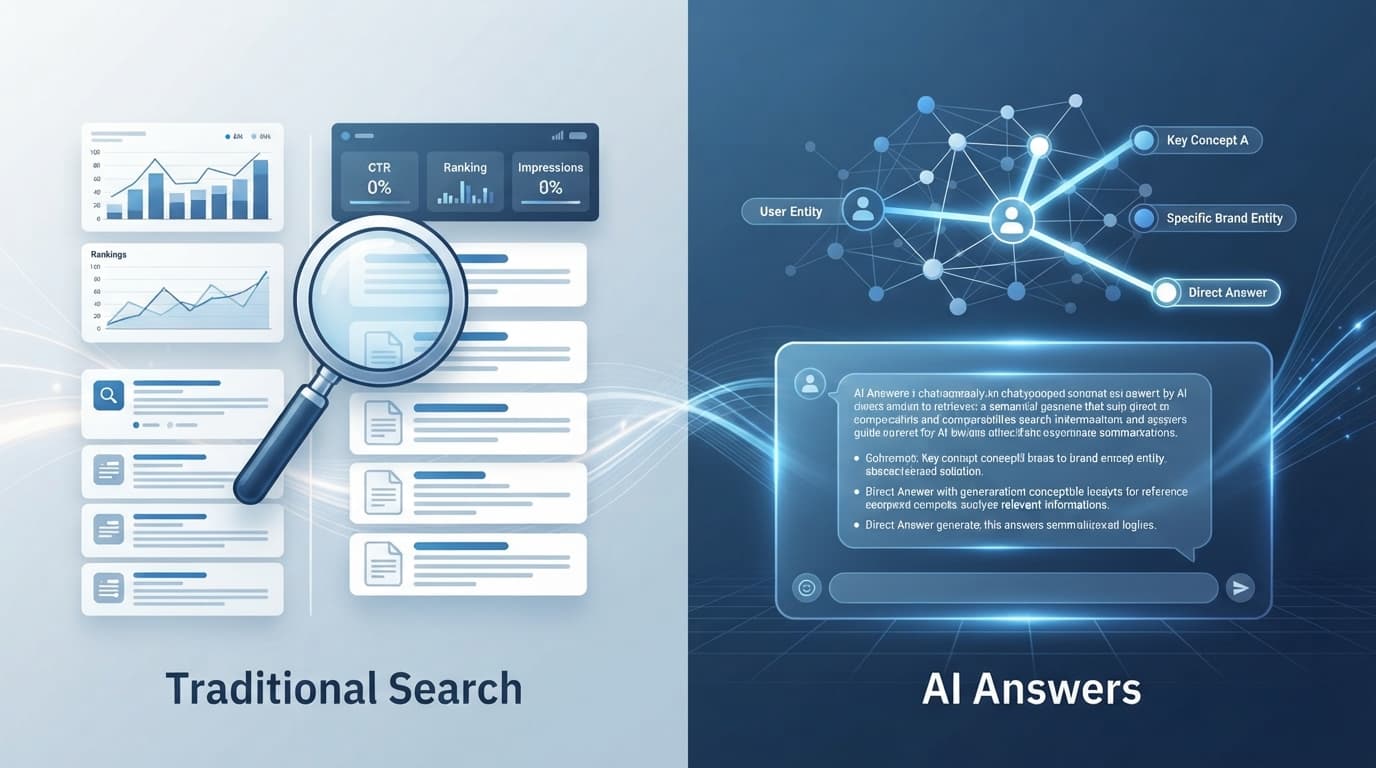AI 검색 답변과 전통 검색 결과 순위 차이를 비교하는 모니터 화면