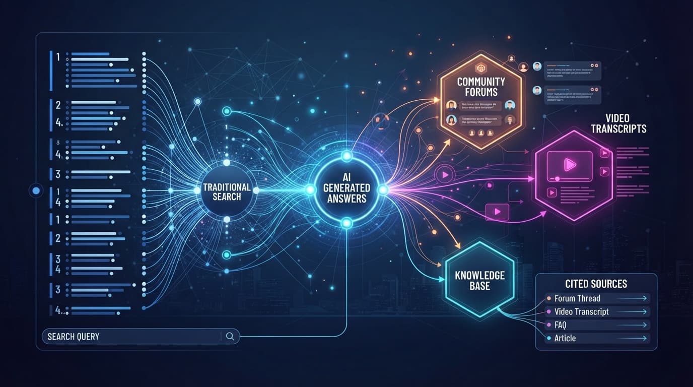 AI 검색 유입 증가와 웹 최적화 전략의 변화를 나타내는 인포그래픽 콘셉트