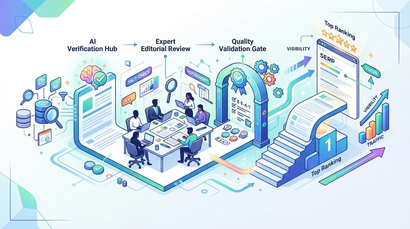 AI 콘텐츠 제작과 검색 엔진 최적화 검증 워크플로를 나타낸 일러스트
