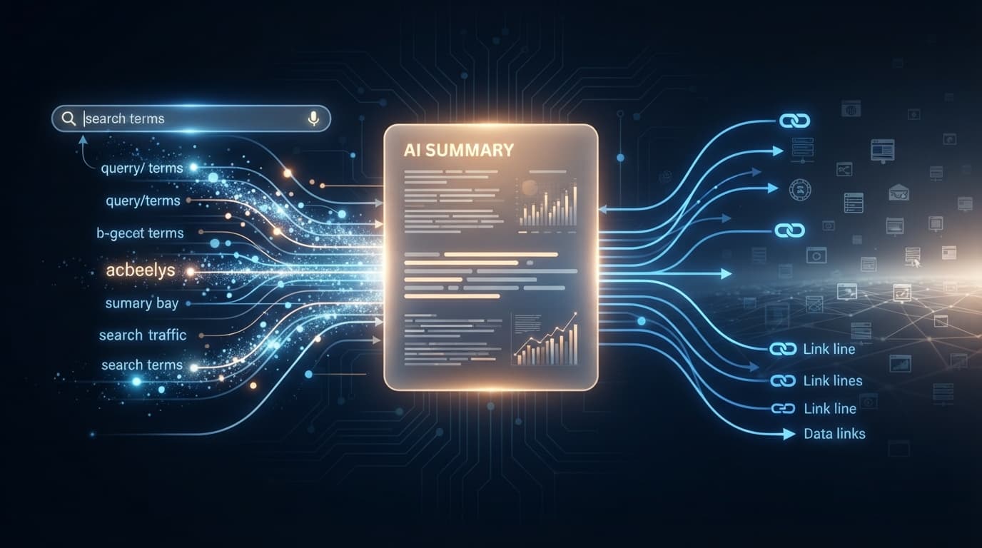 검색창에서 웹사이트 대신 AI 요약 결과로 이동하는 이용자 트래픽 경로 그래픽