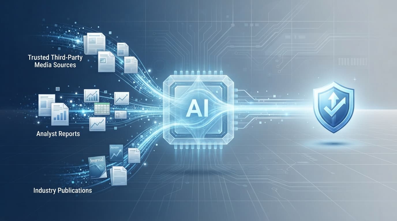 AI 검색이 외부 브랜드 권위 신호와 언론 보도를 인용하는 과정 개념도